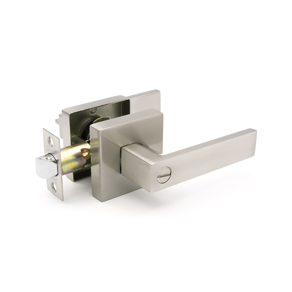 LEVER HANDLE LOCK R/SQUARE, BATHROOM, SATIN